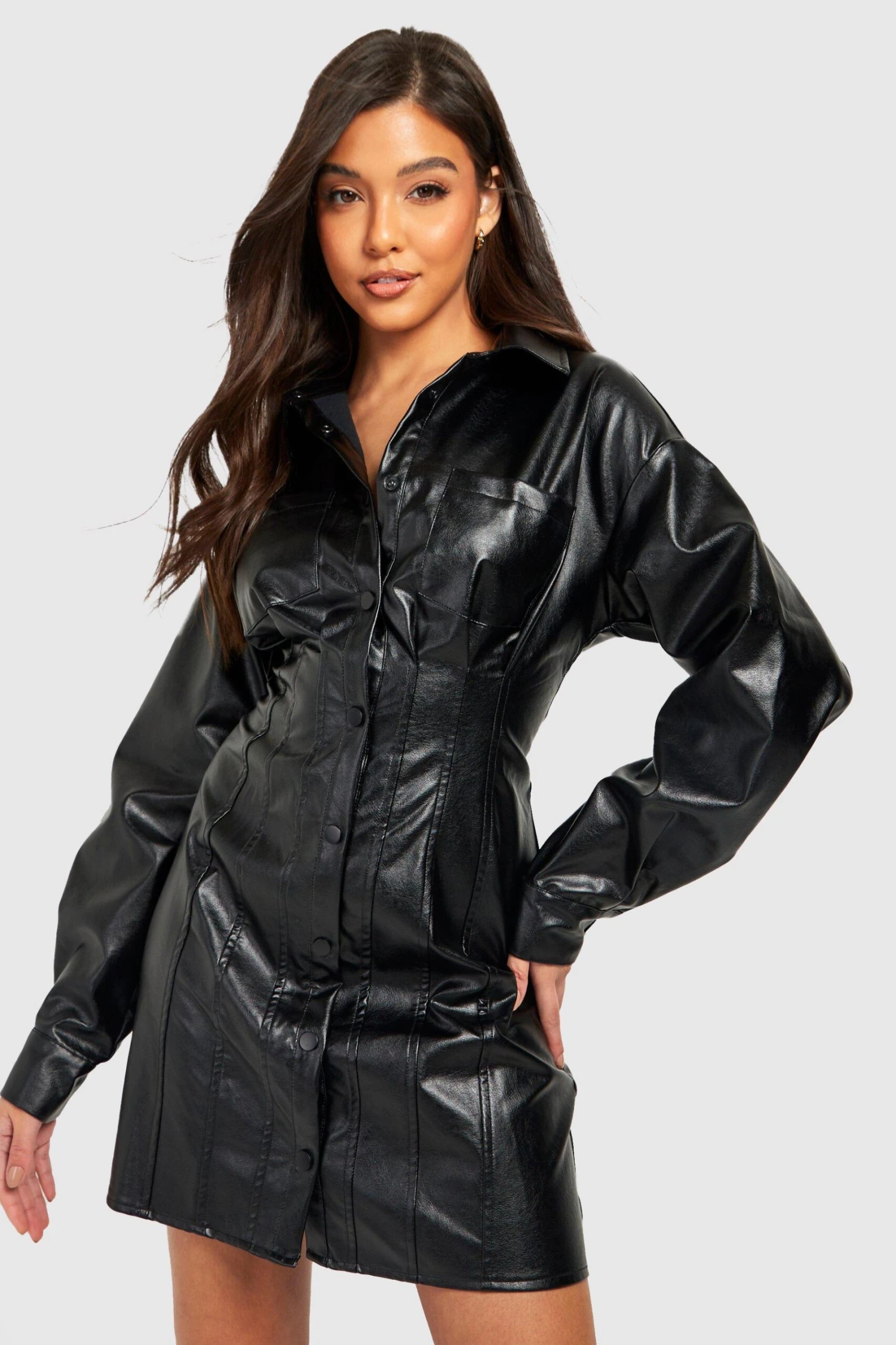 Vestito Camicia In PU Con Dettagli Stile Corsetto 1 Vestito Camicia In PU Con Dettagli Stile Corsetto