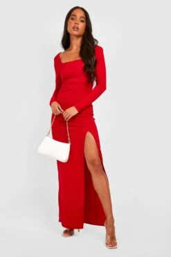 Vestito Maxi Petite A Maniche Lunghe Con Scollo Quadrato E Spacco Laterale -Negozio al dettaglio Vestiti gzz31125 red xl 2