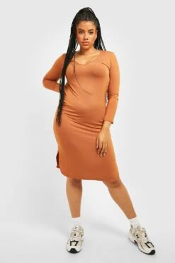 Vestito Midi Plus Size Basic Con Scollo A V 6 Vestito Midi Plus Size Basic Con Scollo A V -Negozio al dettaglio Vestiti gzz31223 toffee xl 2