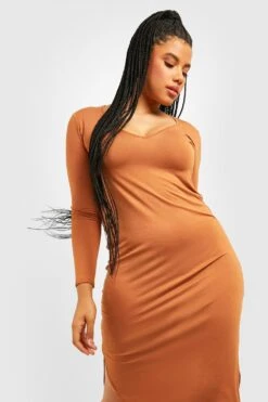 Vestito Midi Plus Size Basic Con Scollo A V 7 Vestito Midi Plus Size Basic Con Scollo A V -Negozio al dettaglio Vestiti gzz31223 toffee xl 3