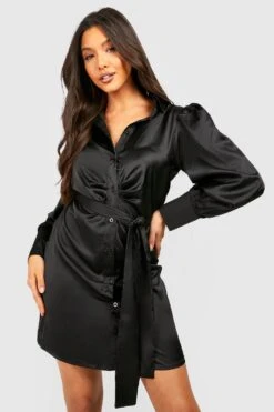 Vestito Camicia In Raso Con Cintura E Laccetti