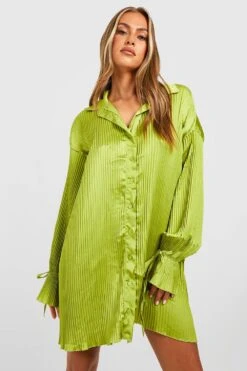 Vestito Camicia Midi In Raso Plissettato Con Laccetti Sui Polsini 6 Vestito Camicia Midi In Raso Plissettato Con Laccetti Sui Polsini -Negozio al dettaglio Vestiti gzz31372 olive xl 2