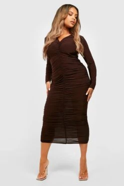 Vestito Longuette Plus Size Seducente Con Ruches -Negozio al dettaglio Vestiti gzz31445 chocolate xl 2