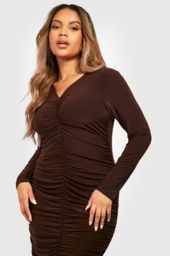 Vestito Longuette Plus Size Seducente Con Ruches -Negozio al dettaglio Vestiti gzz31445 chocolate xl 3