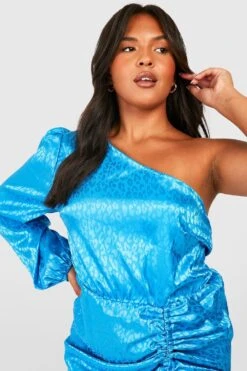 Vestito Plus Size Monospalla In Raso Leopardato Con Ruches -Negozio al dettaglio Vestiti gzz31494 blue xl 3