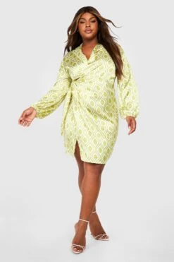 Vestito Scaldacuore Midi Plus Size In Raso Con Motivi Geometrici -Negozio al dettaglio Vestiti gzz31594 lime xl 2