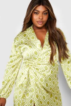 Vestito Scaldacuore Midi Plus Size In Raso Con Motivi Geometrici -Negozio al dettaglio Vestiti gzz31594 lime xl 3