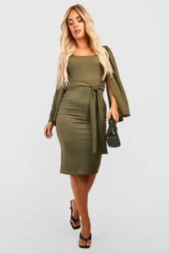 Vestito Midi Plus Size Con Maniche A Mantella Fascia Allacciata In Vita -Negozio al dettaglio Vestiti gzz31868 khaki xl 2