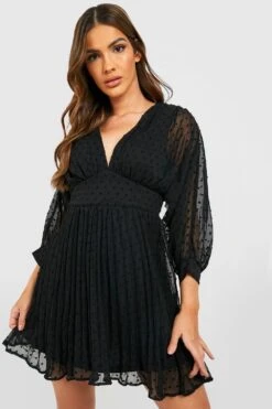 Vestito Skater In Rete Plumetis Con Maniche A Palloncino