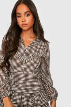 Vestito Skater Petite A Maniche Lunghe A Quadri Con Dettagli Arricciati -Negozio al dettaglio Vestiti gzz32224 tan xl 3