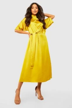 Vestito Midi In Raso Con Dettagli Annodati E Scollo A Cappuccio 6 Vestito Midi In Raso Con Dettagli Annodati E Scollo A Cappuccio -Negozio al dettaglio Vestiti gzz32283 ochre xl 2