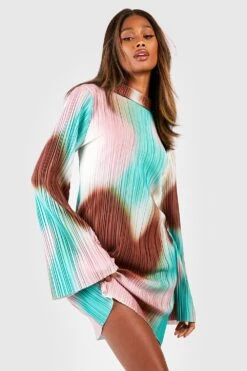 Vestito A Trapezio Plissettato A Collo Alto Con Stampa