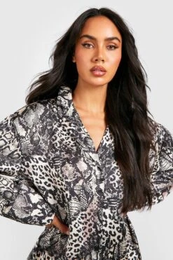 Vestito Camicia Oversize In Raso Con Stampa Effetto Pelle Di Serpente -Negozio al dettaglio Vestiti gzz32362 stone xl 3