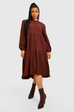 Vestito Grembiule Midi Plus Size A Maniche Lunghe Con Trama