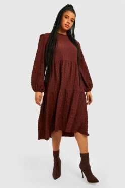 Vestito Grembiule Midi Plus Size A Maniche Lunghe Con Trama -Negozio al dettaglio Vestiti gzz32407 chocolate xl 2