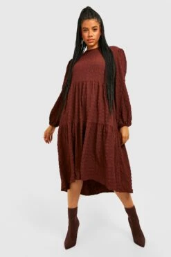 Vestito Grembiule Midi Plus Size A Maniche Lunghe Con Trama -Negozio al dettaglio Vestiti gzz32407 chocolate xl 3