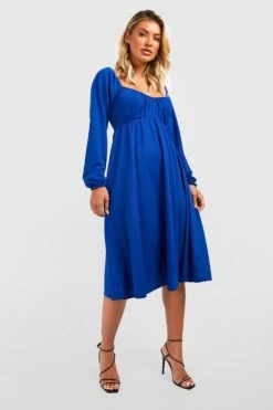 Vestito Grembiule Midi Con Ruches Sul Busto E Maniche A Sbuffo