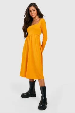 Vestito Grembiule Midi A Maniche Lunghe Con Scollo Quadrato -Negozio al dettaglio Vestiti gzz32424 mustard xl 3