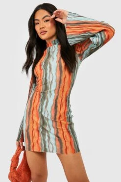 Vestito A Trapezio Plissettato A Collo Alto Con Stampa