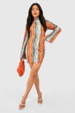 Vestito A Trapezio Plissettato A Collo Alto Con Stampa -Negozio al dettaglio Vestiti gzz32446 rust xl 2