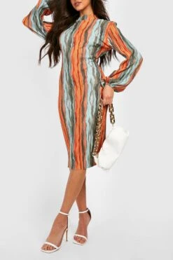 Vestito Midi Plissettato Con Stampa E Ruches Sulle Maniche -Negozio al dettaglio Vestiti gzz32448 rust xl 3