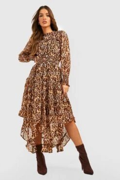 Vestito Skater Midi Leopardato A Collo Alto Con Volant