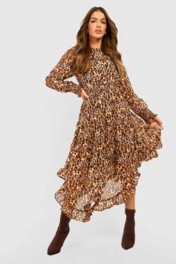 Vestito Skater Midi Leopardato A Collo Alto Con Volant -Negozio al dettaglio Vestiti gzz32496 brown xl 2