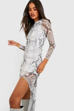 Vestito Maxi A Maniche Lunghe In Rete Effetto Pelle Di Serpente Con Spacco Laterale 6 Vestito Maxi A Maniche Lunghe In Rete Effetto Pelle Di Serpente Con Spacco Laterale -Negozio al dettaglio Vestiti gzz32603 grey xl 2