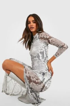 Vestito Maxi A Maniche Lunghe In Rete Effetto Pelle Di Serpente Con Spacco Laterale 7 Vestito Maxi A Maniche Lunghe In Rete Effetto Pelle Di Serpente Con Spacco Laterale -Negozio al dettaglio Vestiti gzz32603 grey xl 3