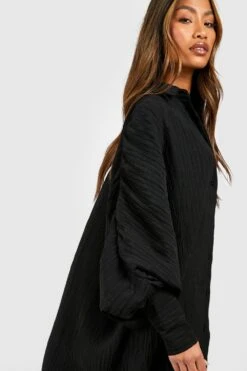 Vestito Camicia Plissettato Con Trama E Maniche A Palloncino -Negozio al dettaglio Vestiti gzz32638 black xl 3