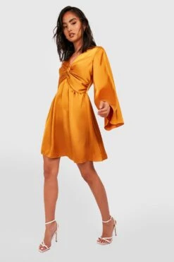 Vestito Skater In Raso Con Maniche Svasate E Dettagli Attorcigliati -Negozio al dettaglio Vestiti gzz32752 marigold xl 2