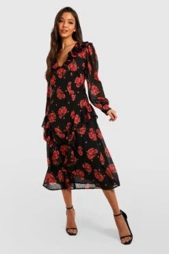 Vestito Longuette Classico Con Stampa E Arricciature