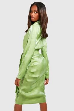 Vestito Camicia Midi In Raso A Effetto Lucido Con Cintura -Negozio al dettaglio Vestiti gzz32866 chartreuse xl 1