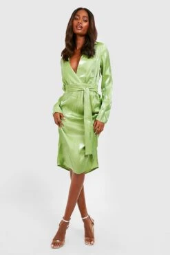 Vestito Camicia Midi In Raso A Effetto Lucido Con Cintura -Negozio al dettaglio Vestiti gzz32866 chartreuse xl 2