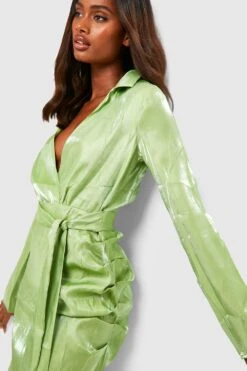 Vestito Camicia Midi In Raso A Effetto Lucido Con Cintura -Negozio al dettaglio Vestiti gzz32866 chartreuse xl 3