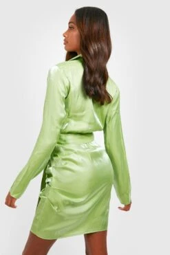 Vestito Camicia Scaldacuore In Raso Luccicante Con Cintura -Negozio al dettaglio Vestiti gzz32868 chartreuse xl 1