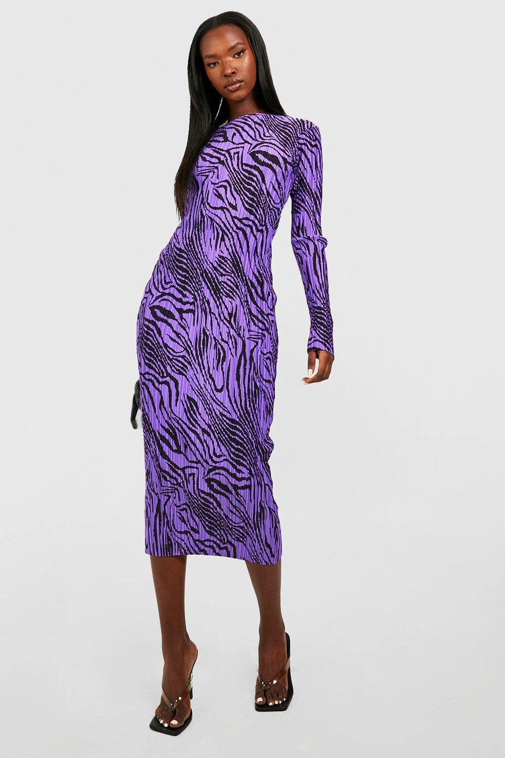 Vestito Midi Plissettato Zebrato A Maniche Lunghe 3 Vestito Midi Plissettato Zebrato A Maniche Lunghe - immagine 3