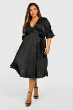 Vestito Scaldacuore Midi Plus Size In Raso Con Ruches Sulle Maniche 6 Vestito Scaldacuore Midi Plus Size In Raso Con Ruches Sulle Maniche -Negozio al dettaglio Vestiti gzz32953 black xl 2