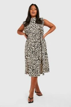 Vestito Midi Plus Size Leopardato Con Arricciature