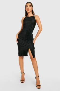 Vestito Midi Plissettato Con Spacco Laterale