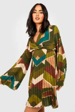 Vestito Grembiule In Chiffon A Pieghe Con Stampa Astratta