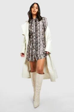 Vestito A Trapezio Con Stampa Effetto Pelle Di Serpente E Fiocco Al Collo