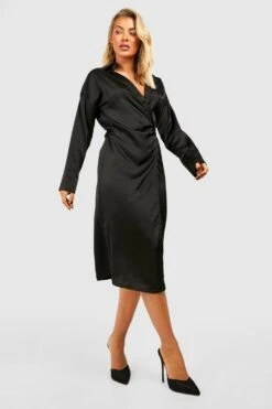 Vestito Camicia Midi In Raso Con Laccetti In Vita -Negozio al dettaglio Vestiti gzz33125 black xl 2