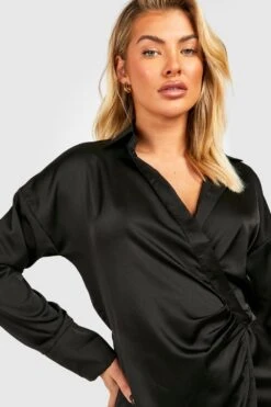 Vestito Camicia Midi In Raso Con Laccetti In Vita -Negozio al dettaglio Vestiti gzz33125 black xl 3