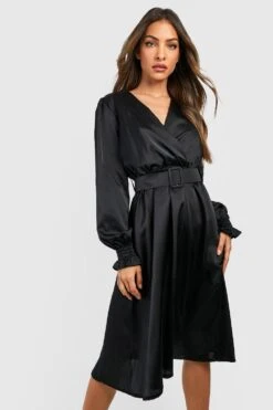 Vestito Skater Midi In Raso Con Cintura E Polsini Increspati