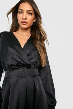 Vestito Skater Midi In Raso Con Cintura E Polsini Increspati -Negozio al dettaglio Vestiti gzz33197 black xl 3