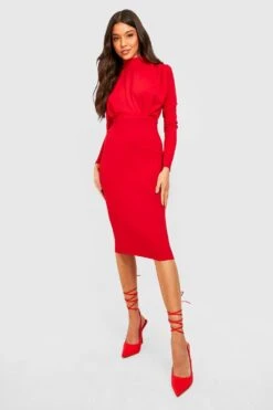 Vestito Midi A Collo Alto Con Pieghe