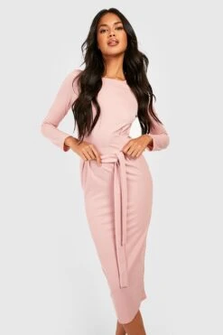 Vestito Midi Basic A Maniche Lunghe In Crêpe Con Laccetti In Vita