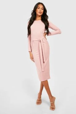 Vestito Midi Basic A Maniche Lunghe In Crêpe Con Laccetti In Vita -Negozio al dettaglio Vestiti gzz33221 rose xl 2