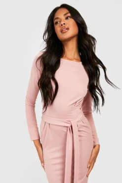 Vestito Midi Basic A Maniche Lunghe In Crêpe Con Laccetti In Vita -Negozio al dettaglio Vestiti gzz33221 rose xl 3